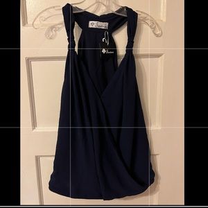 Navy faux wrap poly v-neck tank top blouse